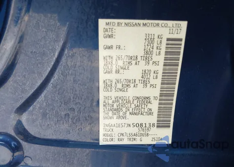 2018 Nissan Titan Sv z USA, uszkodzony, nr VIN 1N6AA1E57JN508138